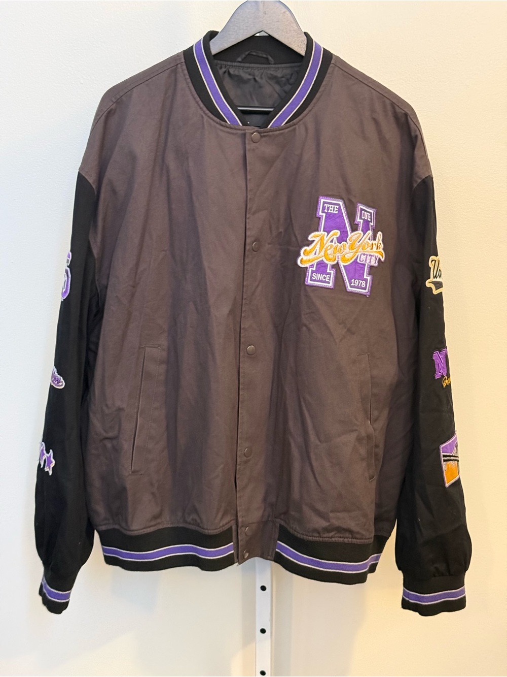 ASOS Black and Purple Varsity Bomber Jacket with Yellow Embroidery